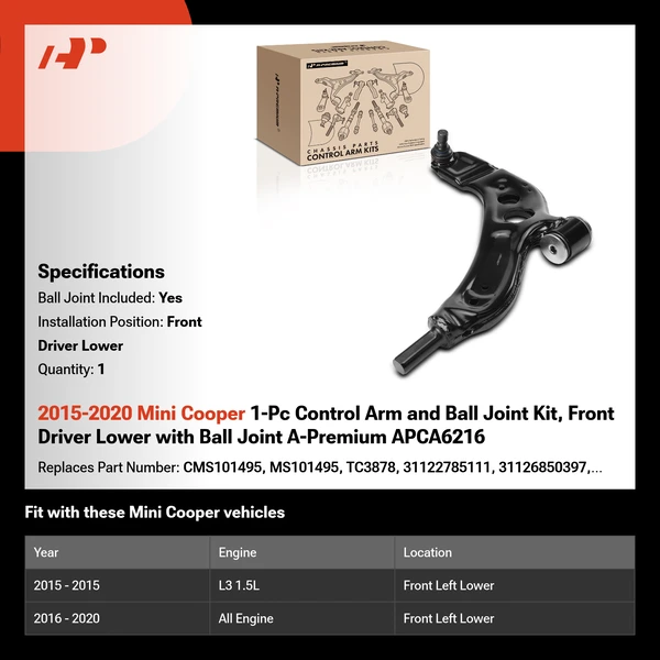 2015-2020 Mini Cooper 1-Pc Control Arm and Ball Joint Kit, Front Driver Lower with Ball Joint A-Premium APCA6216