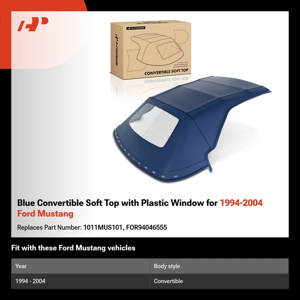 Blue Convertible Soft Top with Plastic Window for 1994-2004 Ford Mustang