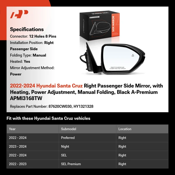 2022-2024 Hyundai Santa Cruz Right Passenger Side Mirror, with Heating, Power Adjustment, Manual Folding, Black A-Premium APMI3168TW