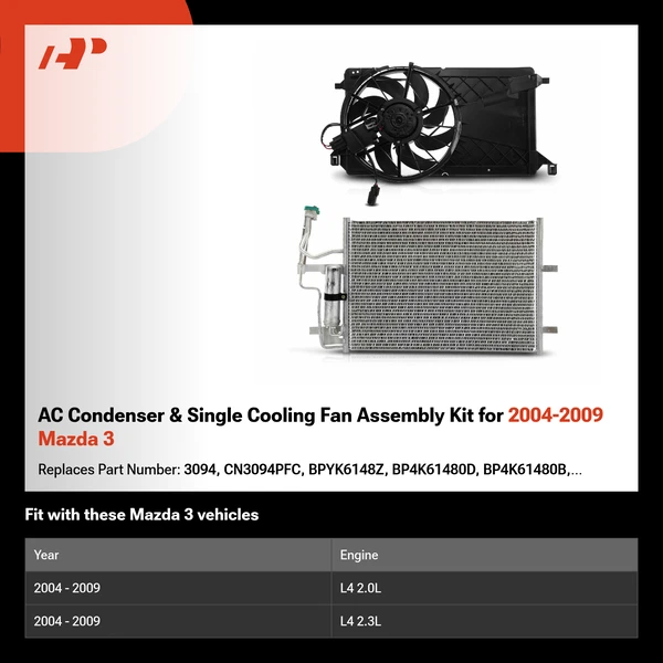AC Condenser & Single Cooling Fan Assembly Kit for 2004-2009 Mazda 3
