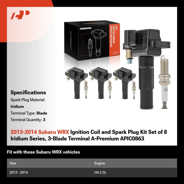 2013-2014 Subaru WRX Ignition Coil and Spark Plug Kit Set of 8 Iridium Series, 3-Blade Terminal A-Premium APIC0863