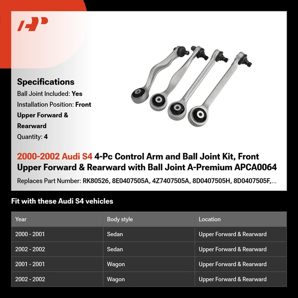 2000-2002 Audi S4 4-Pc Control Arm and Ball Joint Kit, Front Upper Forward & Rearward with Ball Joint A-Premium APCA0064