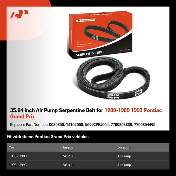 35.04 inch Air Pump Serpentine Belt for 1988-1989 1993 Pontiac Grand Prix