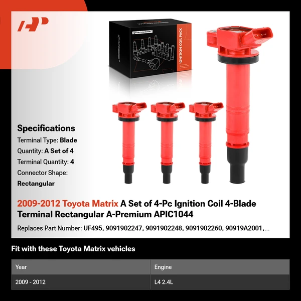 2009-2012 Toyota Matrix A Set of 4-Pc Ignition Coil 4-Blade Terminal Rectangular A-Premium APIC1044