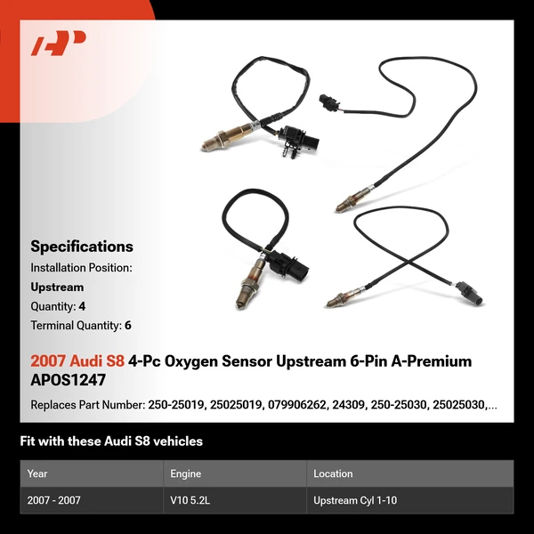 2007 Audi S8 4-Pc Oxygen Sensor Upstream 6-Pin A-Premium APOS1247