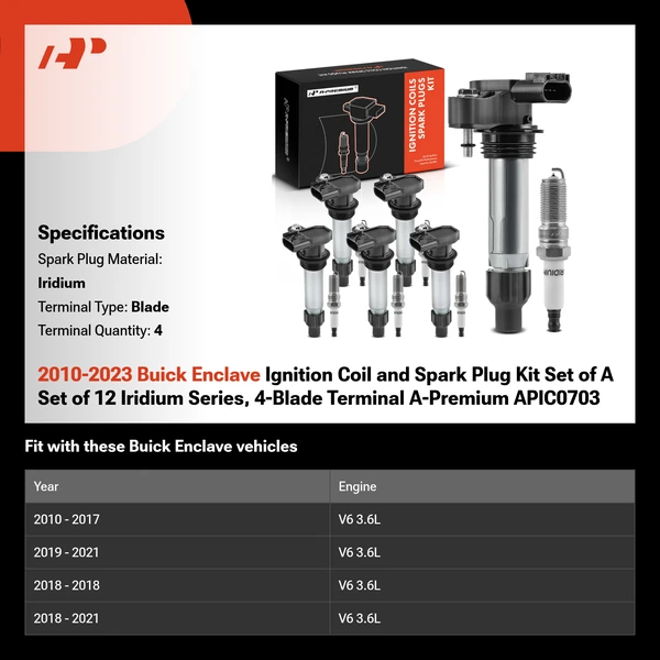 2010-2023 Buick Enclave Ignition Coil and Spark Plug Kit Set of A Set of 12 Iridium Series, 4-Blade Terminal A-Premium APIC0703