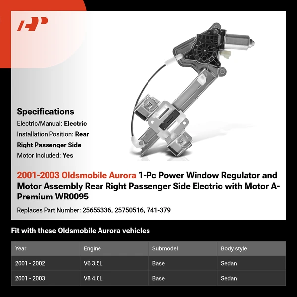 2001-2003 Oldsmobile Aurora 1-Pc Power Window Regulator and Motor Assembly Rear Right Passenger Side Electric with Motor A-Premium WR0095