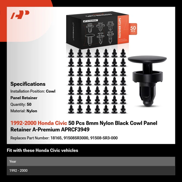 1992-2000 Honda Civic 50 Pcs 8mm Nylon Black Cowl Panel Retainer A-Premium APRCF3949