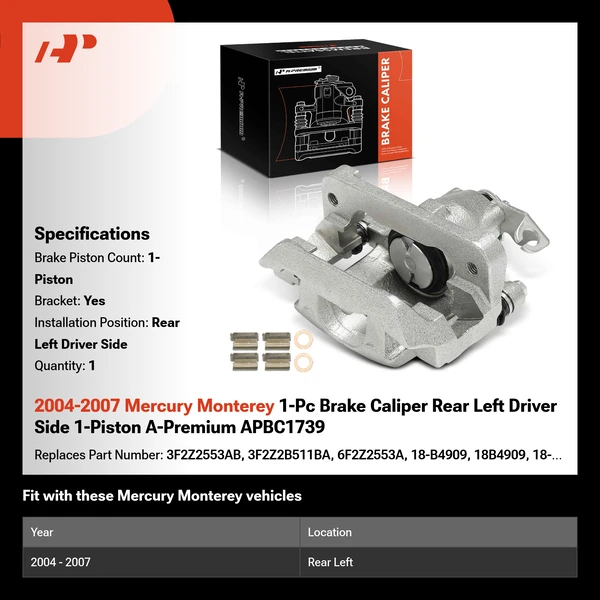 2004-2007 Mercury Monterey 1-Pc Brake Caliper Rear Left Driver Side 1-Piston A-Premium APBC1739