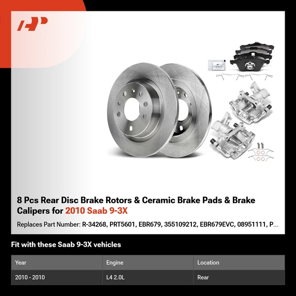 8 Pcs Rear Disc Brake Rotors & Ceramic Brake Pads & Brake Calipers for 2010 Saab 9-3X