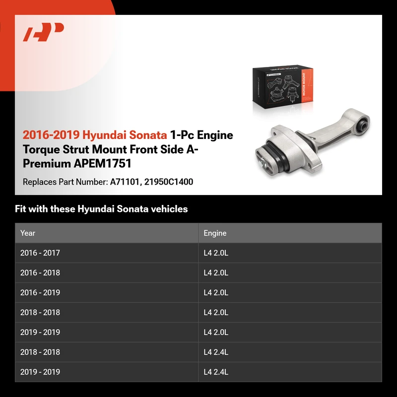 2016-2019 Hyundai Sonata 1-Pc Engine Torque Strut Mount Front Side A-Premium APEM1751