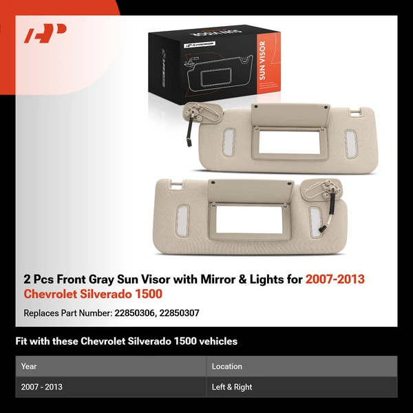 2 Pcs Front Gray Sun Visor with Mirror & Lights for 2007-2013 Chevrolet Silverado 1500
