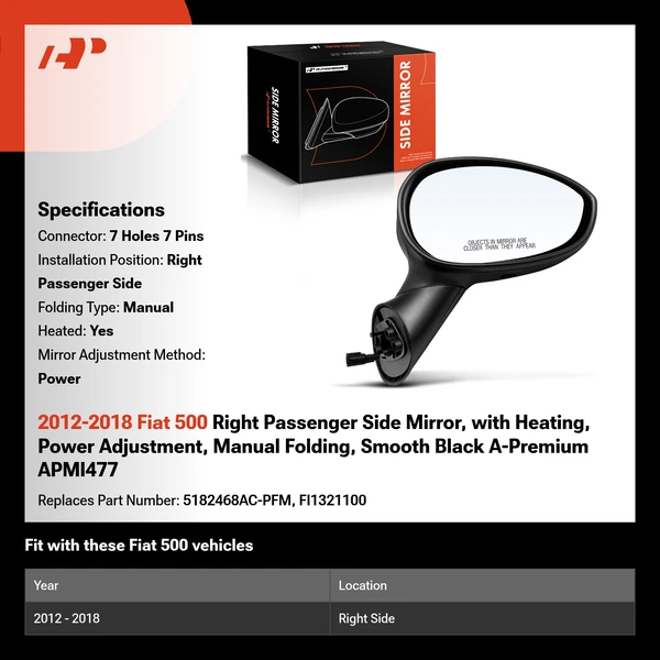 2012-2018 Fiat 500 Right Passenger Side Mirror, with Heating, Power Adjustment, Manual Folding, Smooth Black A-Premium APMI477