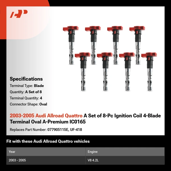 2003-2005 Audi Allroad Quattro A Set of 8-Pc Ignition Coil 4-Blade Terminal Oval A-Premium IC0165