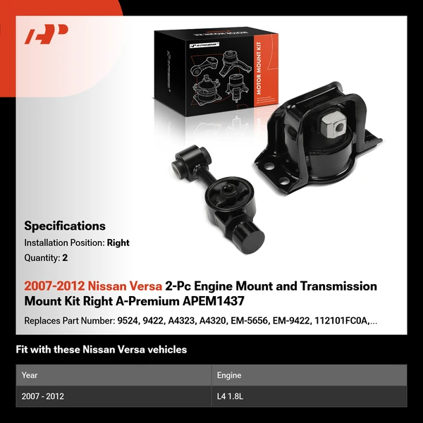 2007-2012 Nissan Versa 2-Pc Engine Mount and Transmission Mount Kit Right A-Premium APEM1437