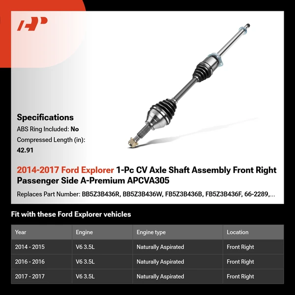 2014-2017 Ford Explorer 1-Pc CV Axle Shaft Assembly Front Right Passenger Side A-Premium APCVA305