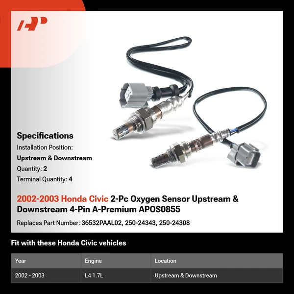 2002-2003 Honda Civic 2-Pc Oxygen Sensor Upstream & Downstream 4-Pin A-Premium APOS0855