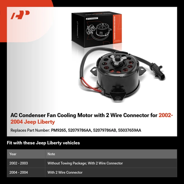 AC Condenser Fan Cooling Motor with 2 Wire Connector for 2002-2004 Jeep Liberty