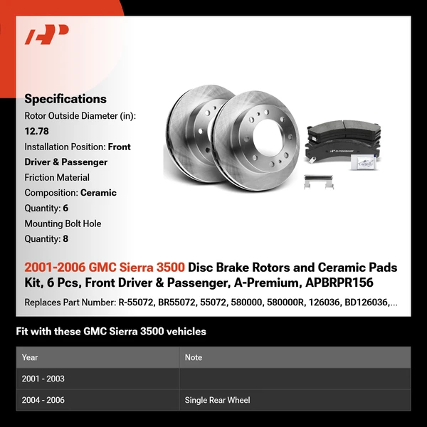 2001-2006 GMC Sierra 3500 Disc Brake Rotors and Ceramic Pads Kit, 6 Pcs, Front Driver & Passenger, A-Premium, APBRPR156