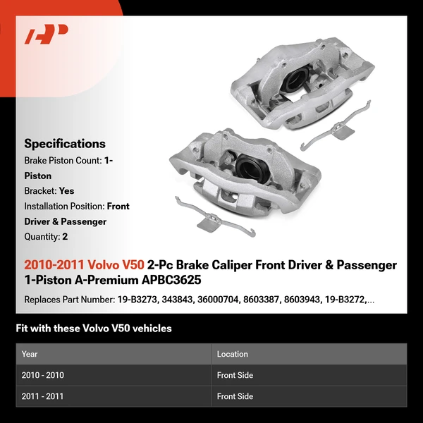 2010-2011 Volvo V50 2-Pc Brake Caliper Front Driver & Passenger 1-Piston A-Premium APBC3625