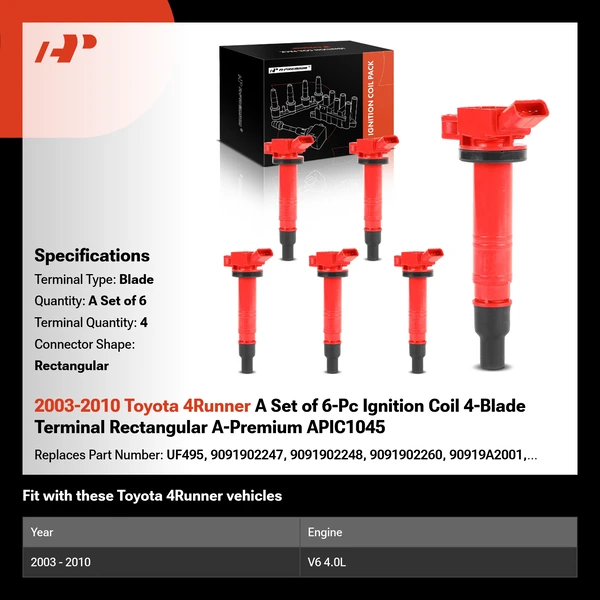2003-2010 Toyota 4Runner A Set of 6-Pc Ignition Coil 4-Blade Terminal Rectangular A-Premium APIC1045