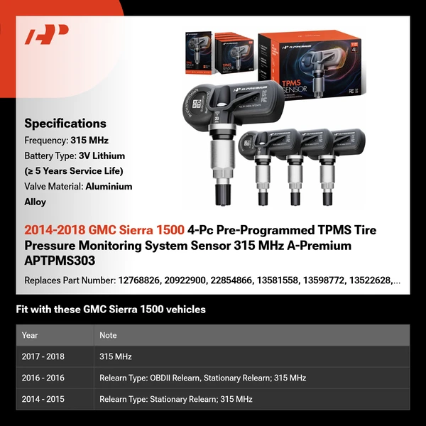 2014-2018 GMC Sierra 1500 4-Pc Pre-Programmed TPMS Tire Pressure Monitoring System Sensor 315 MHz A-Premium APTPMS303