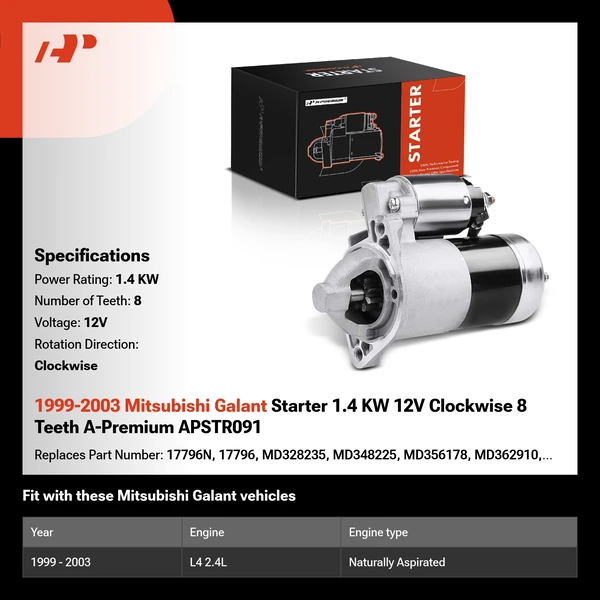1999-2003 Mitsubishi Galant Starter 1.4 KW 12V Clockwise 8 Teeth A-Premium APSTR091