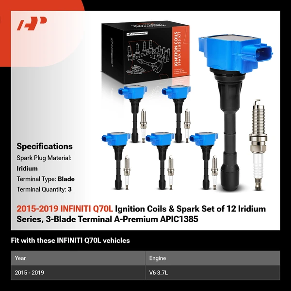 2015-2019 INFINITI Q70L Ignition Coils & Spark Set of 12 Iridium Series, 3-Blade Terminal A-Premium APIC1385