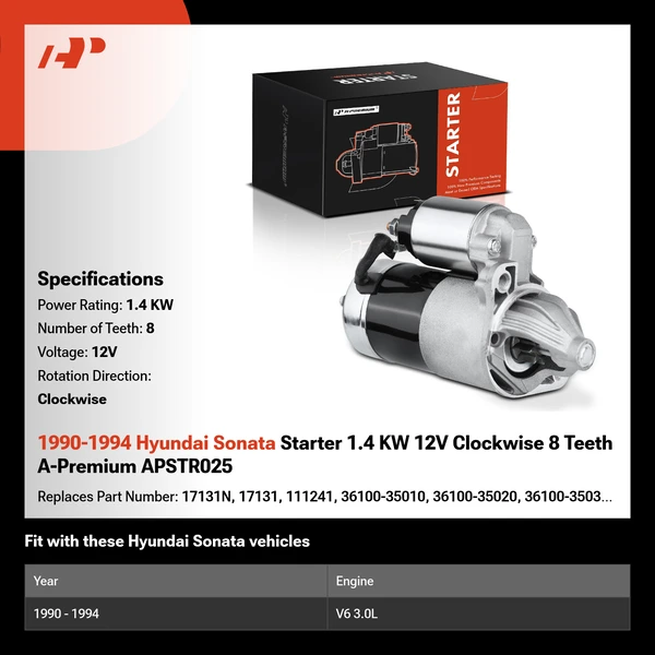 1990-1994 Hyundai Sonata Starter 1.4 KW 12V Clockwise 8 Teeth A-Premium APSTR025