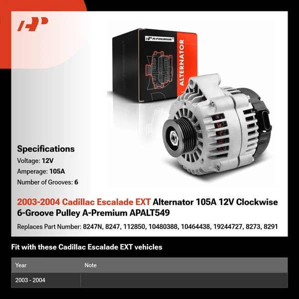 2003-2004 Cadillac Escalade EXT Alternator 105A 12V Clockwise 6-Groove Pulley A-Premium APALT549