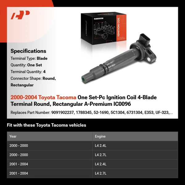 2000-2004 Toyota Tacoma One Set-Pc Ignition Coil 4-Blade Terminal Round, Rectangular A-Premium IC0096