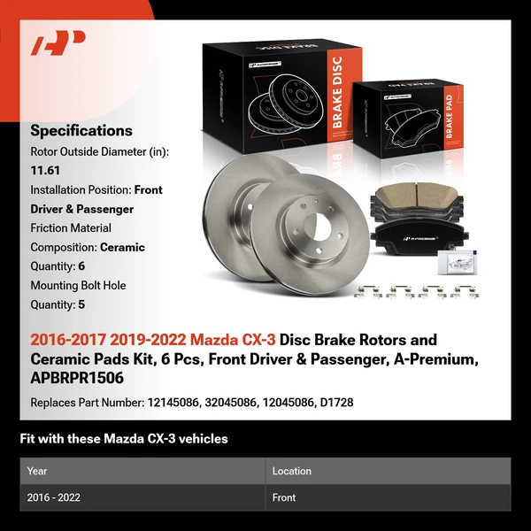 2016-2017 2019-2022 Mazda CX-3 Disc Brake Rotors and Ceramic Pads Kit, 6 Pcs, Front Driver & Passenger, A-Premium, APBRPR1506