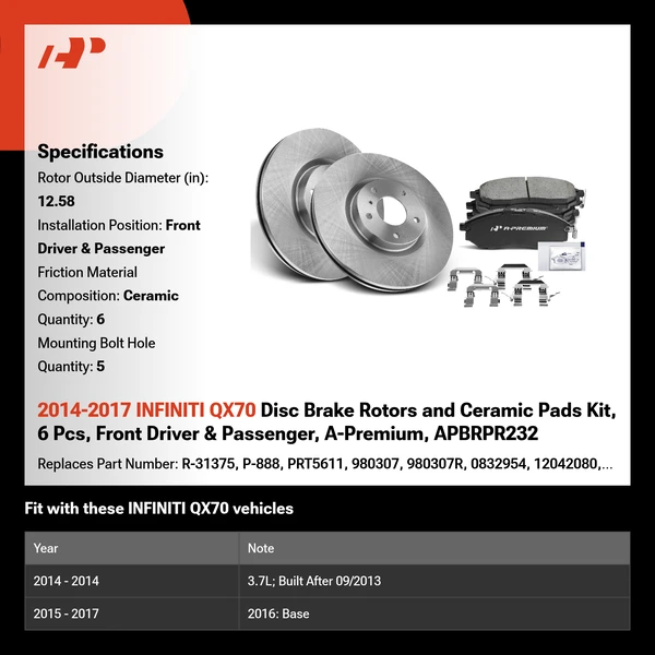 2014-2017 INFINITI QX70 Disc Brake Rotors and Ceramic Pads Kit, 6 Pcs, Front Driver & Passenger, A-Premium, APBRPR232