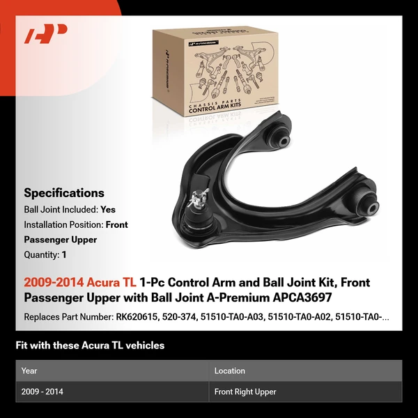 2009-2014 Acura TL 1-Pc Control Arm and Ball Joint Kit, Front Passenger Upper with Ball Joint A-Premium APCA3697