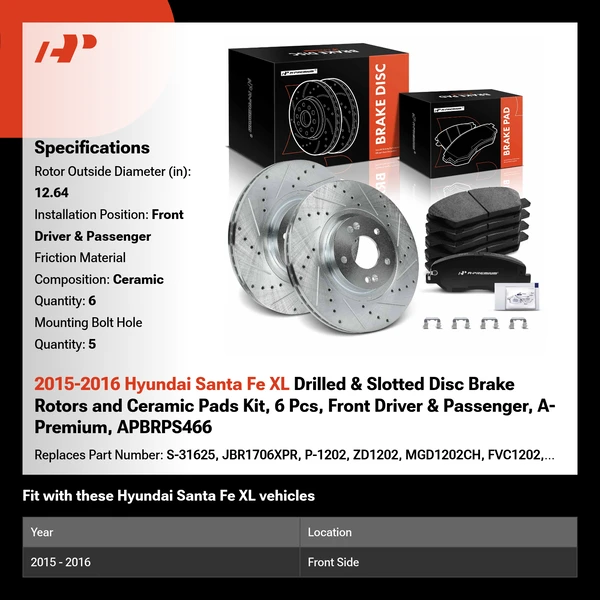 2015-2016 Hyundai Santa Fe XL Drilled & Slotted Disc Brake Rotors and Ceramic Pads Kit, 6 Pcs, Front Driver & Passenger, A-Premium, APBRPS466