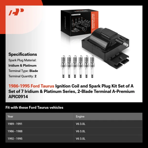 1986-1995 Ford Taurus Ignition Coil and Spark Plug Kit Set of A Set of 7 Iridium & Platinum Series, 2-Blade Terminal A-Premium APIC0914