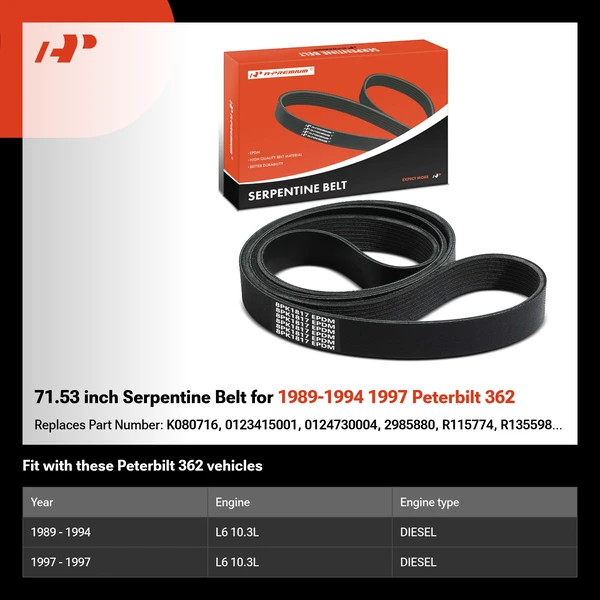 71.53 inch Serpentine Belt for 1989-1994 1997 Peterbilt 362