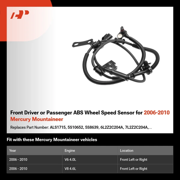 Front Driver or Passenger ABS Wheel Speed Sensor for 2006-2010 Mercury Mountaineer