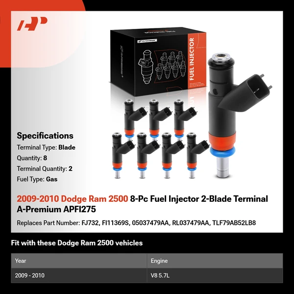 2009-2010 Dodge Ram 2500 8-Pc Fuel Injector 2-Blade Terminal A-Premium APFI275