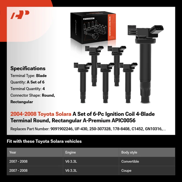 2004-2008 Toyota Solara A Set of 6-Pc Ignition Coil 4-Blade Terminal Round, Rectangular A-Premium APIC0056