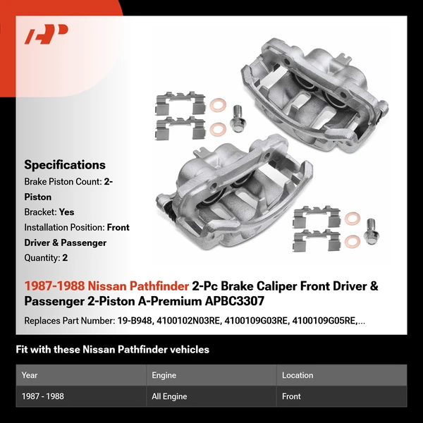 1987-1988 Nissan Pathfinder 2-Pc Brake Caliper Front Driver & Passenger 2-Piston A-Premium APBC3307