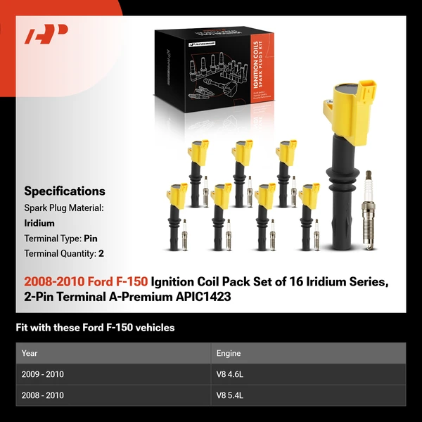 2008-2010 Ford F-150 Ignition Coil Pack Set of 16 Iridium Series, 2-Pin Terminal A-Premium APIC1423