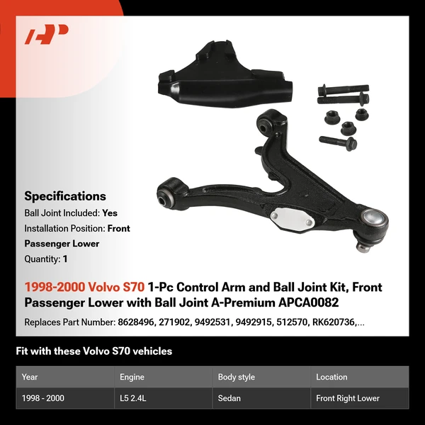 1998-2000 Volvo S70 1-Pc Control Arm and Ball Joint Kit, Front Passenger Lower with Ball Joint A-Premium APCA0082