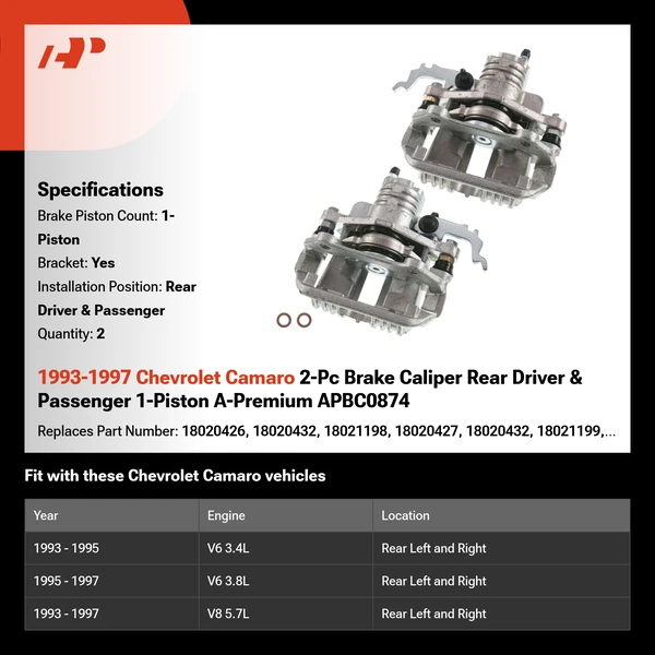 1993-1997 Chevrolet Camaro 2-Pc Brake Caliper Rear Driver & Passenger 1-Piston A-Premium APBC0874