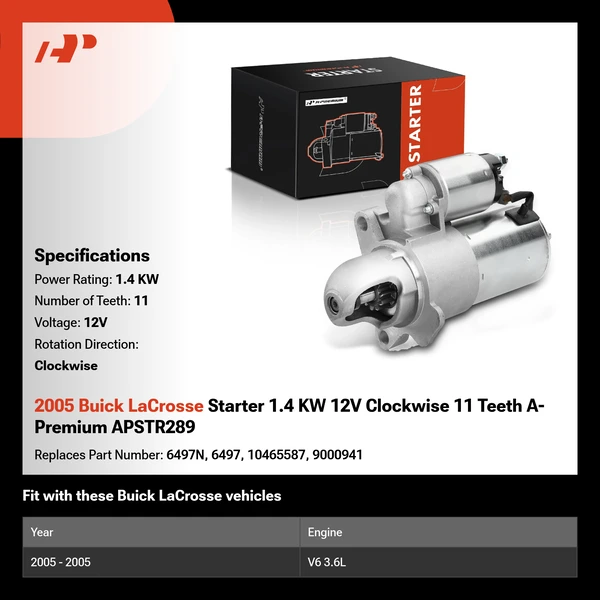 2005 Buick LaCrosse Starter 1.4 KW 12V Clockwise 11 Teeth A-Premium APSTR289