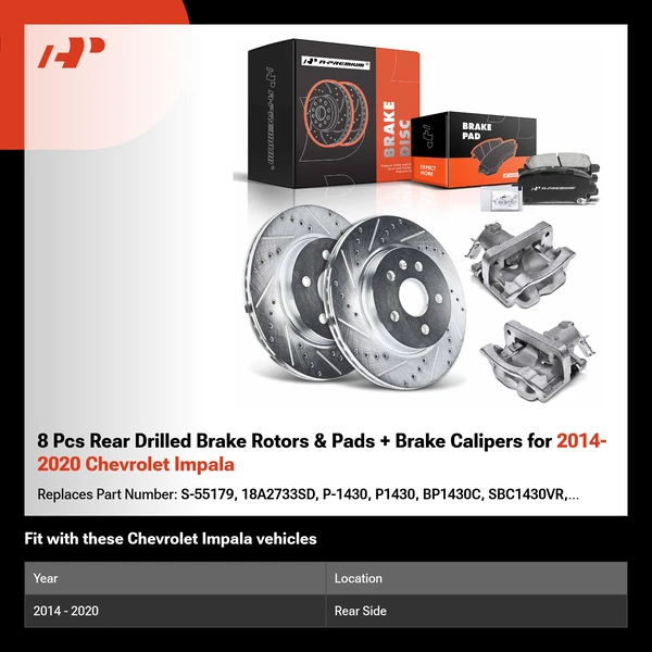 8 Pcs Rear Drilled Brake Rotors & Pads + Brake Calipers for 2014-2020 Chevrolet Impala