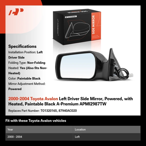 2000-2004 Toyota Avalon Left Driver Side Mirror, Powered, with Heated, Paintable Black A-Premium APMI2987TW