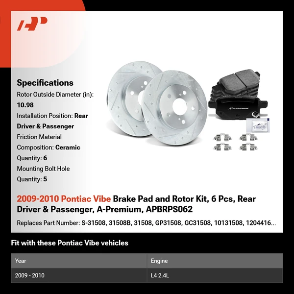 2009-2010 Pontiac Vibe Brake Pad and Rotor Kit, 6 Pcs, Rear Driver & Passenger, A-Premium, APBRPS062