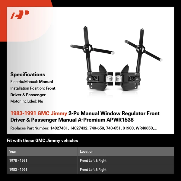 1983-1991 GMC Jimmy 2-Pc Manual Window Regulator Front Driver & Passenger Manual A-Premium APWR1538