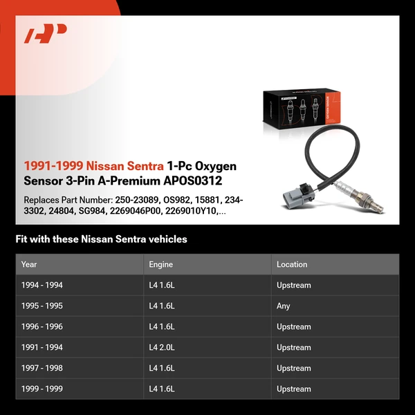 1991-1999 Nissan Sentra 1-Pc Oxygen Sensor 3-Pin A-Premium APOS0312
